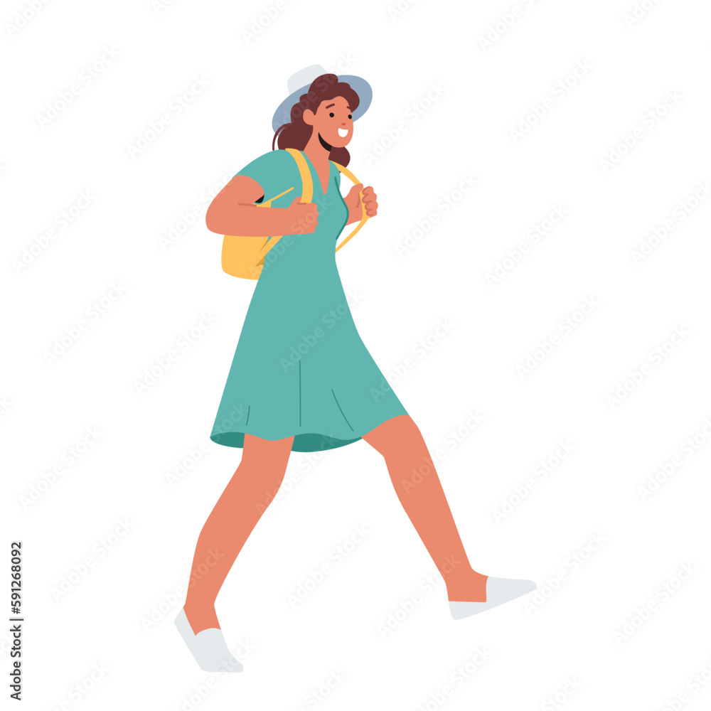 Young Tourist Woman Character Walking With Backpack Isolated on White Background. Image For Travel-related Content