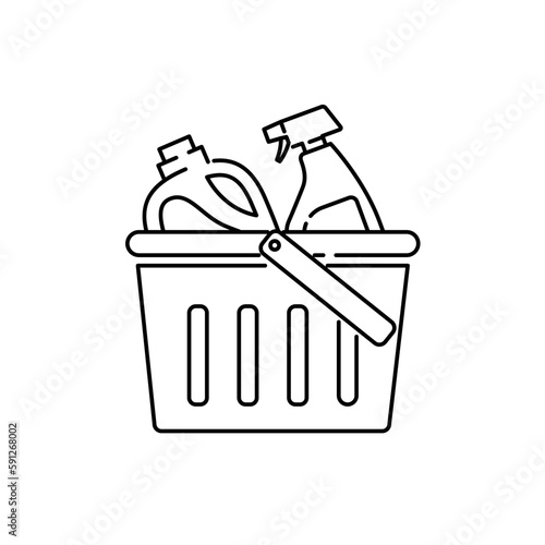 Basket for cleaning with detergents line icon. linear style sign for mobile concept and web design. Household cleaning products outline vector icon. Symbol, logo illustration. Vector graphics