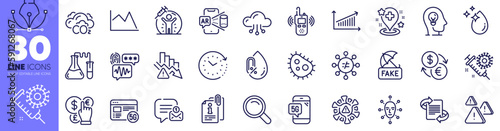 Fake news, Discrimination and Vaccine protection line icons pack. Mental health, Money currency, 5g internet web icon. Co2, No alcohol, Water drop pictogram. Marketing, Chemistry lab. Vector