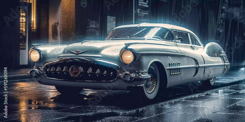 Retro futuristic car in 50s style on the street in the rain, Generative AI