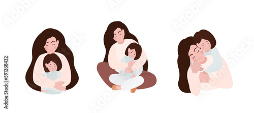 Mother and child collection. Young woman with her daughter. Happy Mother's Day. Flat vector illustration.