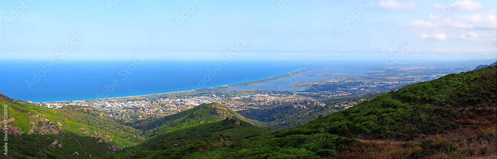 From the Col de Teghime, a splendid panoramic view of Bastia, the plain and the ponds of Bibuglia, in the northeast of Corsica, nicknamed the Island of Beauty