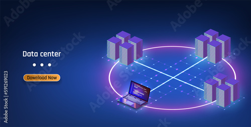 Datacenter server room cloud storage technology and big data processing Data center or server room with servers of information cloud storage. Dark datacenter with light of data signals. 