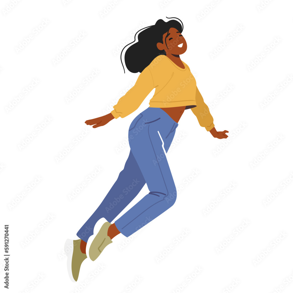 Female Character In Flight Defying The Laws Of Gravity Soar Through The Air, Feel Weightless And Free, Illustration Female Character In Flight Defying The Laws Of Gravity Soar Through The Air, Feel Weightless And Free, Illustration
