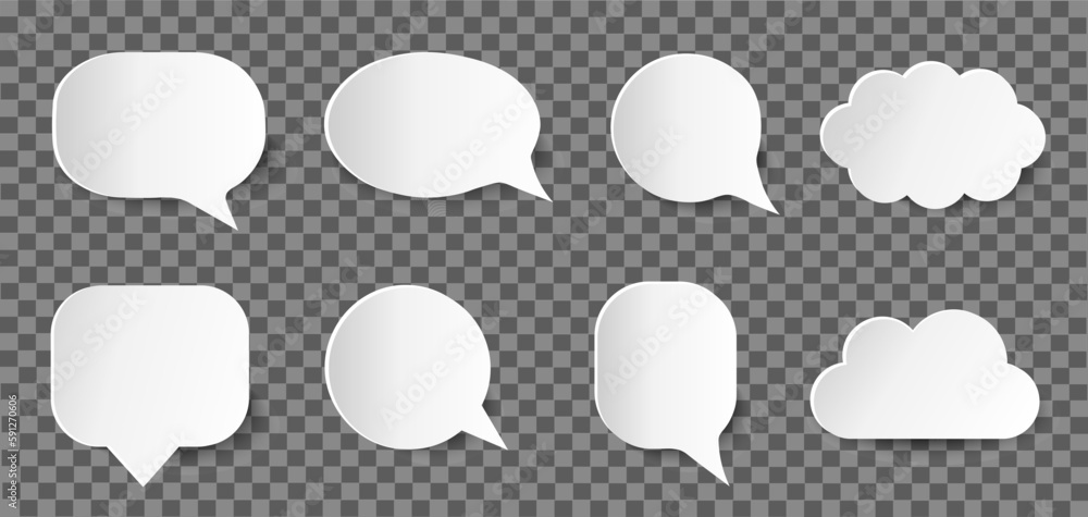 Collection of speech icons, clean inside. Bubble line style. Chat or idea icons, white with shadow on transparent background. Set of comics icons of different shapes: round, oval, rectangular. Vector Collection of speech icons, clean inside. Bubble line style. Chat or idea icons, white with shadow on transparent background. Set of comics icons of different shapes: round, oval, rectangular. Vector