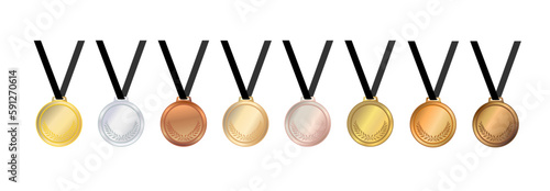 Winner's medal. Gold, silver, bronze, first second and third place. Sports Achievement Award. Trophy for winning the Olympic Games. Vector illustration.
