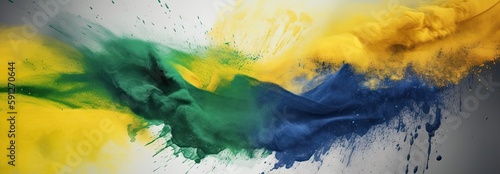 colorful brazilian flag green yellow blue color holi paint powder explosion on isolated white background created with Generative AI technology