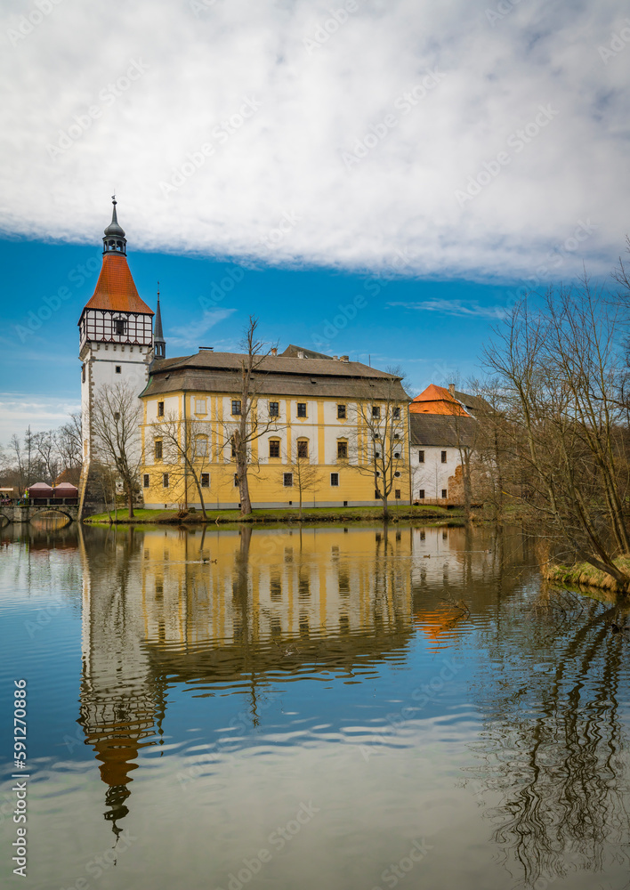 Nice castle with pond and forest in south Bohemia in spring day