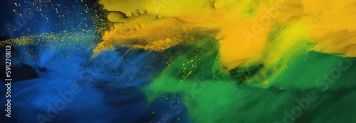 colorful brazilian flag green yellow blue color holi paint powder explosion on isolated white background created with Generative AI technology photo
