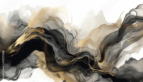 Black and gold Abstract background with golden glitters. Smooth fluid lines pattern. Ink art. Modern banner design. Trendy cover with wavy black and gold lines With copy space - Generative AI