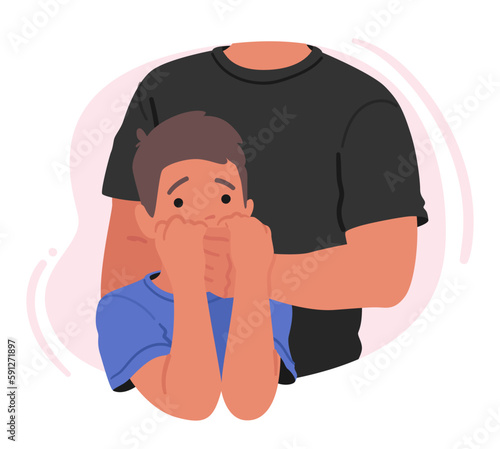Adult Man Covers Mouth Of Young Boy In A Disturbing Scene Depicting Domestic Violence And Abuse, Vector Illustration