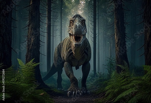 Tyrannosaurus in the forest illustration. Ai genrative. © Tamara