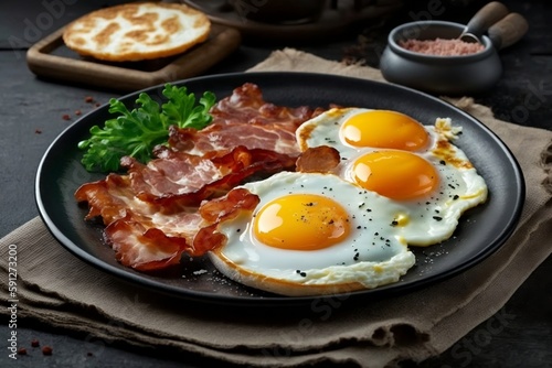 Delicious breakfast plate with crispy bacon and sunny-side-up eggs created with Generative AI