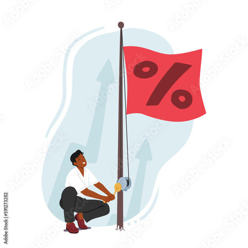 Man Character Raises Flag With Percent Sign. Concept Of Interest Rate Hike Symbolize Increase In Financial Markets