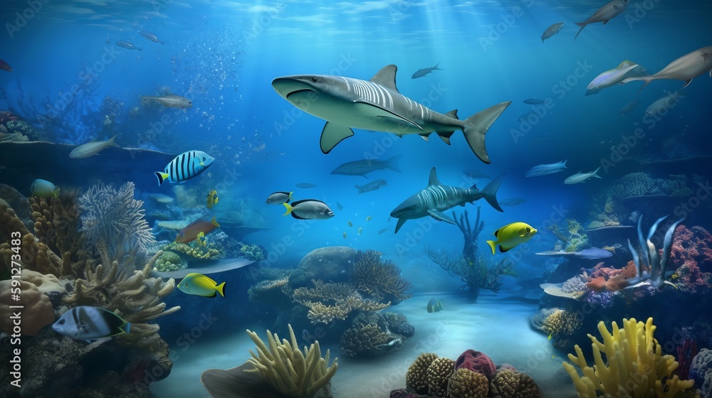 Fototapeta premium Underwater view off fishes sharks corals colourful, Wallpapers, colourful, beautiful underwater world, high definition