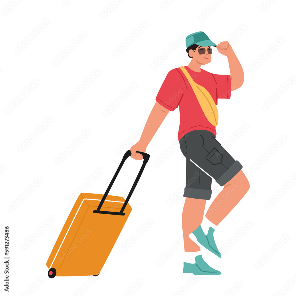 Young Man Tourist Character Walking With Suitcase Isolated On White Background. Image Is For Travel Or Tourism Young Man Tourist Character Walking With Suitcase Isolated On White Background. Image Is For Travel Or Tourism