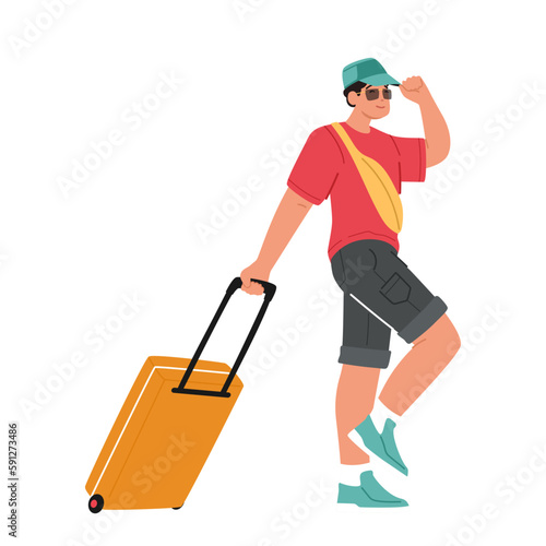 Young Man Tourist Character Walking With Suitcase Isolated On White Background. Image Is For Travel Or Tourism