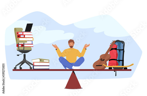 Man Character Meditate On Balance Scale Between Hobby And Career, Contemplating Trade-off Between Passion or Profession