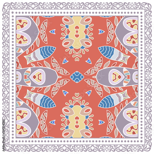 Decorative doodle ornament  symmetric pattern with lace frame. Tribal ethnic mandala decor. Bandana shawl  hijab  tablecloth fabric print  silk neck scarf  kerchief design. Colorful vector background