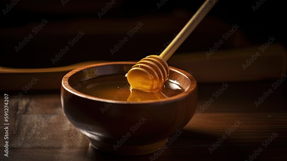 Honey dipper in a wooden bowl with honey generative ai Honey dipper in a wooden bowl with honey generative ai