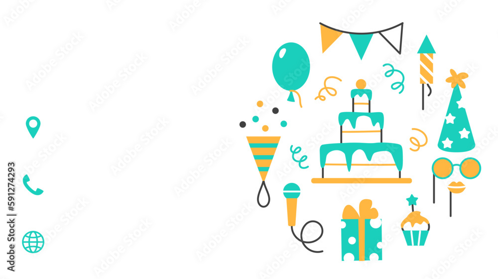 Party supplies flat line business card design template. Event service visit card with text space. Modern creative layout. Color celebrating identity for birthday carnival festival vector illustration. Party supplies flat line business card design template. Event service visit card with text space. Modern creative layout. Color celebrating identity for birthday carnival festival vector illustration.