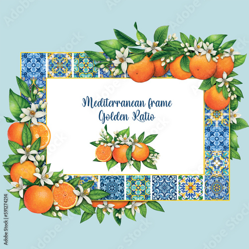 Watercolor hand drawn mediterranean frame with tiles and oranges