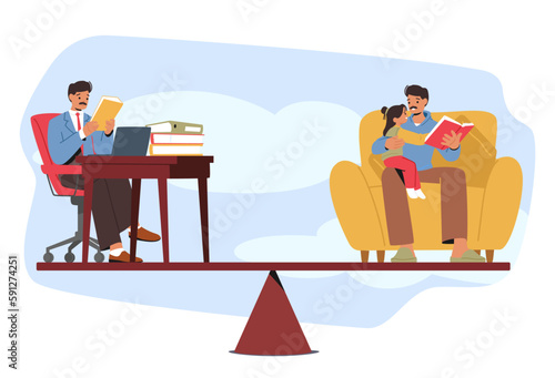 Balance Scale With Working Man Character On One Side And his Family Life On The Other, Struggle Between Career or Family