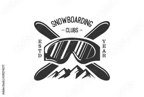 Vintage Crossed Snowboard with Ski Goggles and Iceberg for Snowboarding Logo