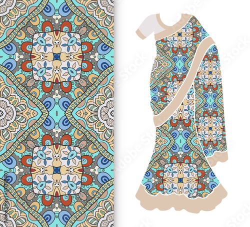 Vector fashion illustration, stylized Indian sari women's ethnic dress model, decorative seamless ornate pattern for textile fabric, paper print, invitation or business card design. Isolated elements