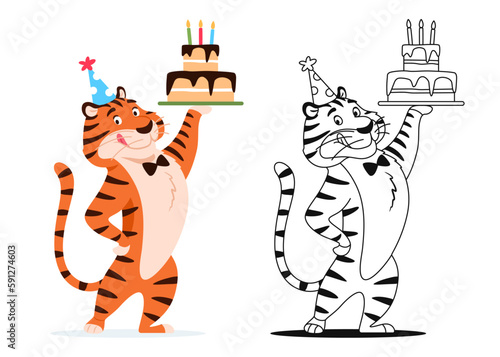 Coloring book. Funny cartoon tiger with Birthday cake on white background. Cute animal character for kids preschool activity. Black and white outline worksheet design Coloring page vector illustration