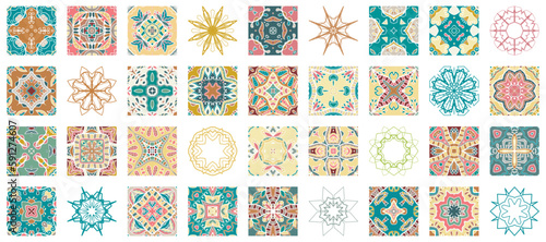 Set of 36 different hand drawn seamless square patterns and geometric mandalas. Colorful doodle backgrounds collection, isolated design elements for cards, invitations, banners, fabric or paper print