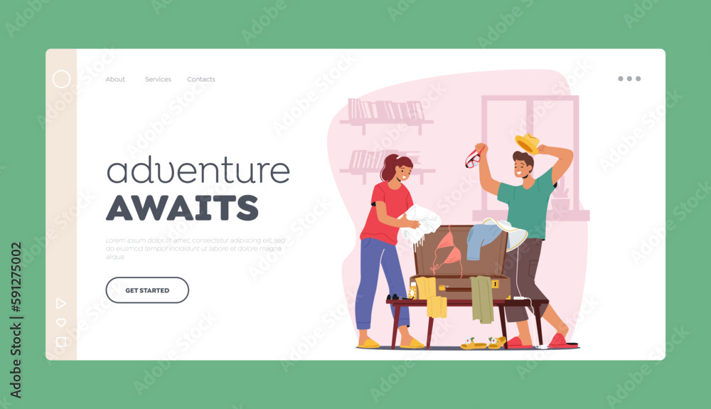 Travel Mood Landing Page Template. Couple Packing A Suitcase Together, Deciding On What To Bring For Their Upcoming Trip Travel Mood Landing Page Template. Couple Packing A Suitcase Together, Deciding On What To Bring For Their Upcoming Trip