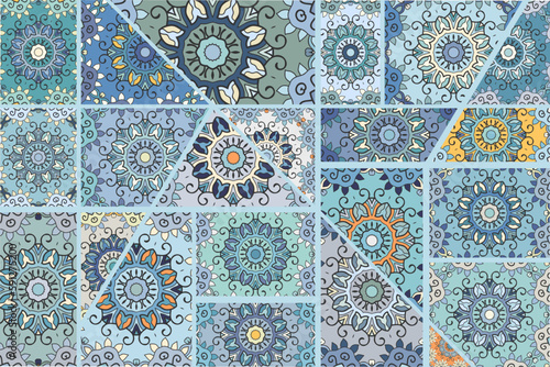 Vector patchwork quilt pattern. Vintage decorative collage. Hand drawn background. Indian, Arabic, Turkish motifs for printing on fabric or paper. Abstract colorful doodle pattern in mosaic style