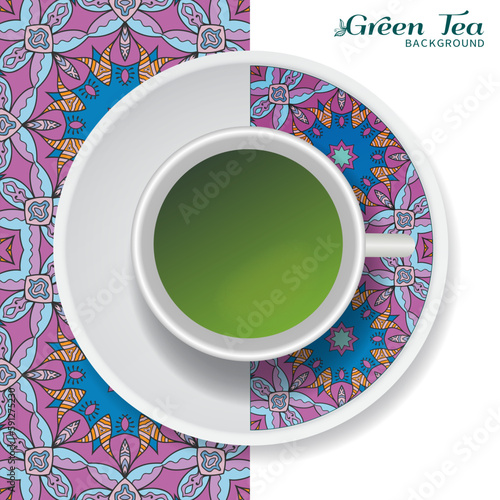 Cup of green tea with doodle ornament on a saucer and hand drawn seamless floral pattern. Business coffee break or tea time concept, interior background. Isolated cup and plate decor elements