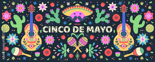 Cinco de Mayo celebration. Mexican holiday. Colorful symmetrical design of flowers, cactuses, maracas, guitars and a mariachi singer on a dark background. Fiesta banner, poster, header. Vector