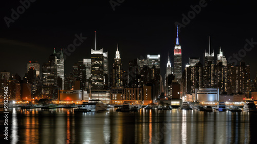 Cityscape photo of New York City at night generative ai