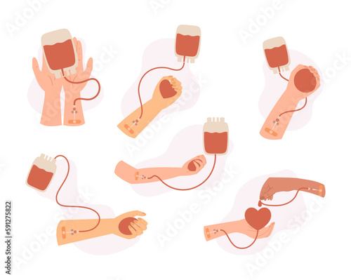 Set Of Donor Hands Ready To Donate Blood Isolated On White Background. The Image Can Be Used To Encourage Blood Donation
