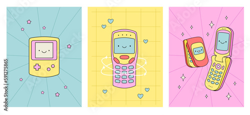 Set posters old phone, trendy y2k illustration, nostalgia for 90s