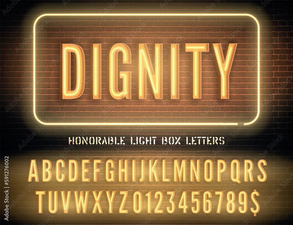 Obraz premium Blue neon box narrow font and vector Dignity night light sign on brick background