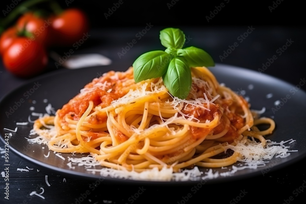 Köstliche, appetitliche, klassische Spaghetti-Nudeln mit Tomatensauce und Parmesan - obrazy, fototapety, plakaty 