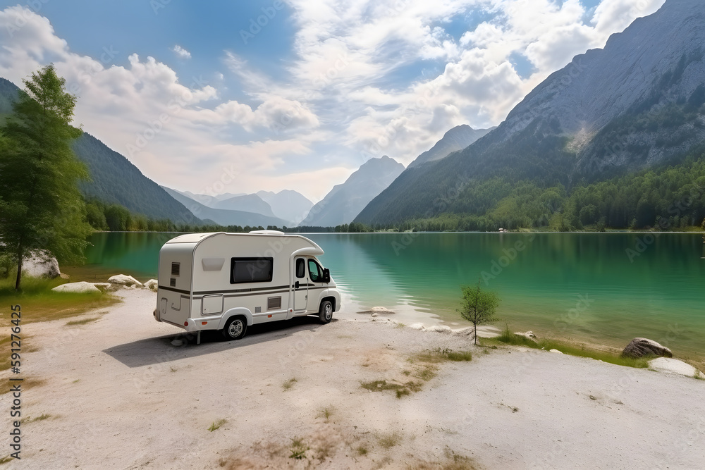 RV caravan camper at peaceful lake with mountains on the horizon. Generative AI