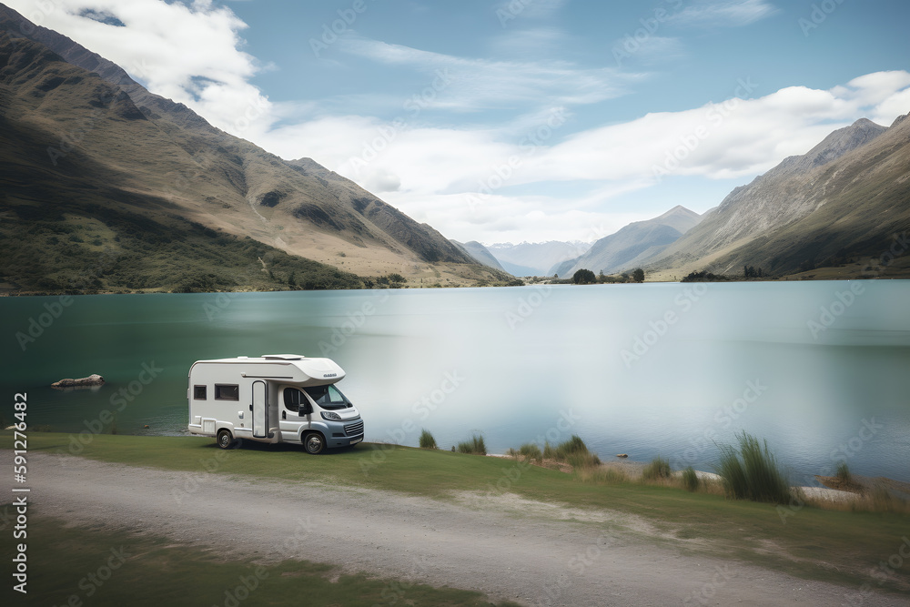 RV caravan camper at peaceful lake with mountains on the horizon. Generative AI