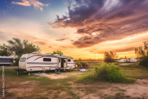 RV caravan camper at campground during sunset. Generative AI