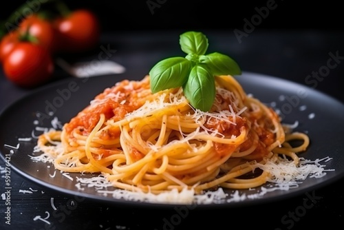 Köstliche, appetitliche, klassische Spaghetti-Nudeln mit Tomatensauce und Parmesan