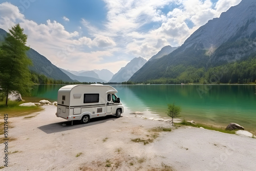 RV caravan camper at peaceful lake with mountains on the horizon. Generative AI