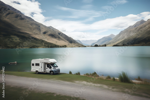 RV caravan camper at peaceful lake with mountains on the horizon. Generative AI