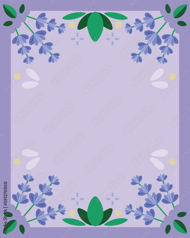 Lavender floral frame (place for text). Flat vector eps. Illustration for packaging, posters, banners, social media stories. Spring leaves and lavender flowers.