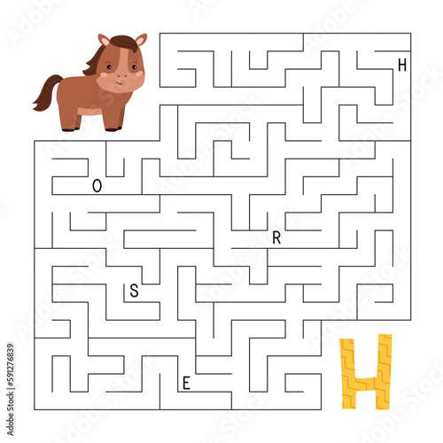 ABC maze game. Educational puzzle for kids. Labyrinth with letters. Help horse find right way to the letter H. Printable activity worksheet. Learn English language. Vector illustration.