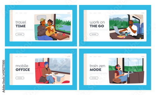 People in Train Landing Page Template Set. Commuters Sitting On Seats While Traveling To Their Destinations