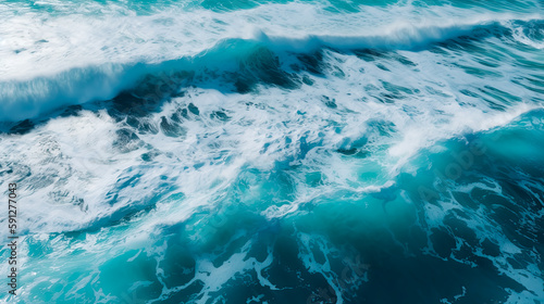Aerial view of an ocean shore with blue waves, and aquamarine. Generative AI.  © Saulo Collado